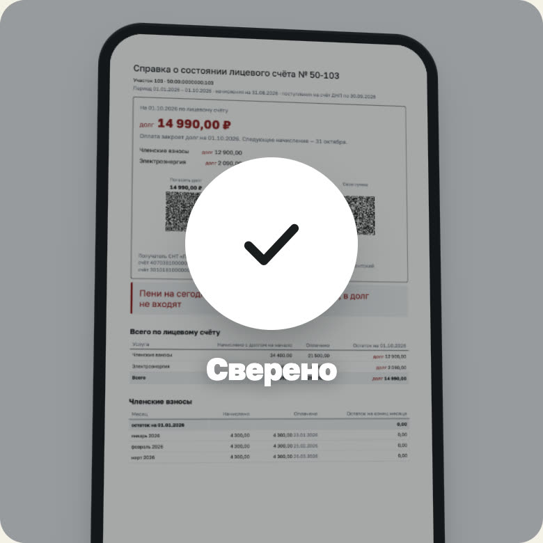 Экран состояния счёта участка: долг и пени на сегодня, начисления и оплаты по месяцам
